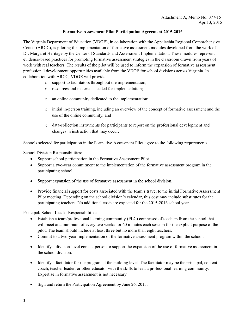 Formative Assessment Pilot Participation Agreement 2015-2016