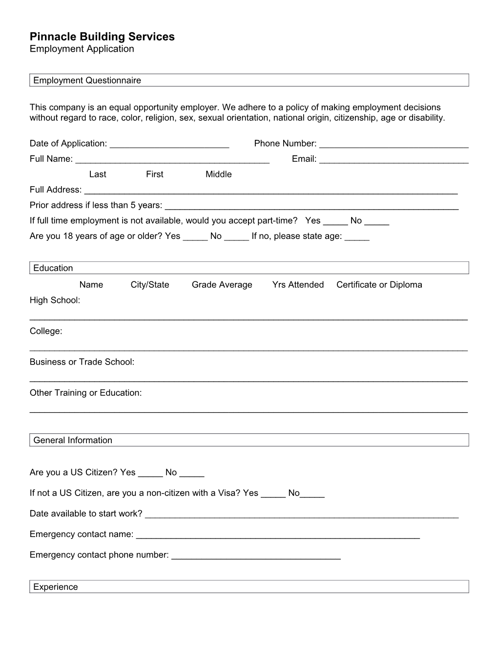 Pinnacle Building Services Employment Application