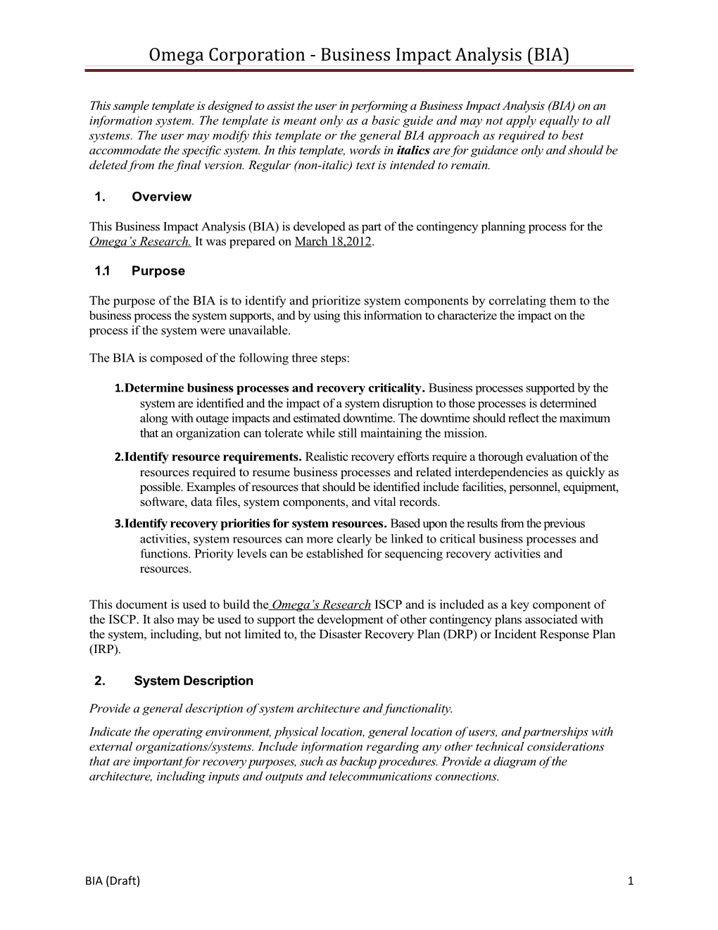 Omega Corporation - Business Impact Analysis