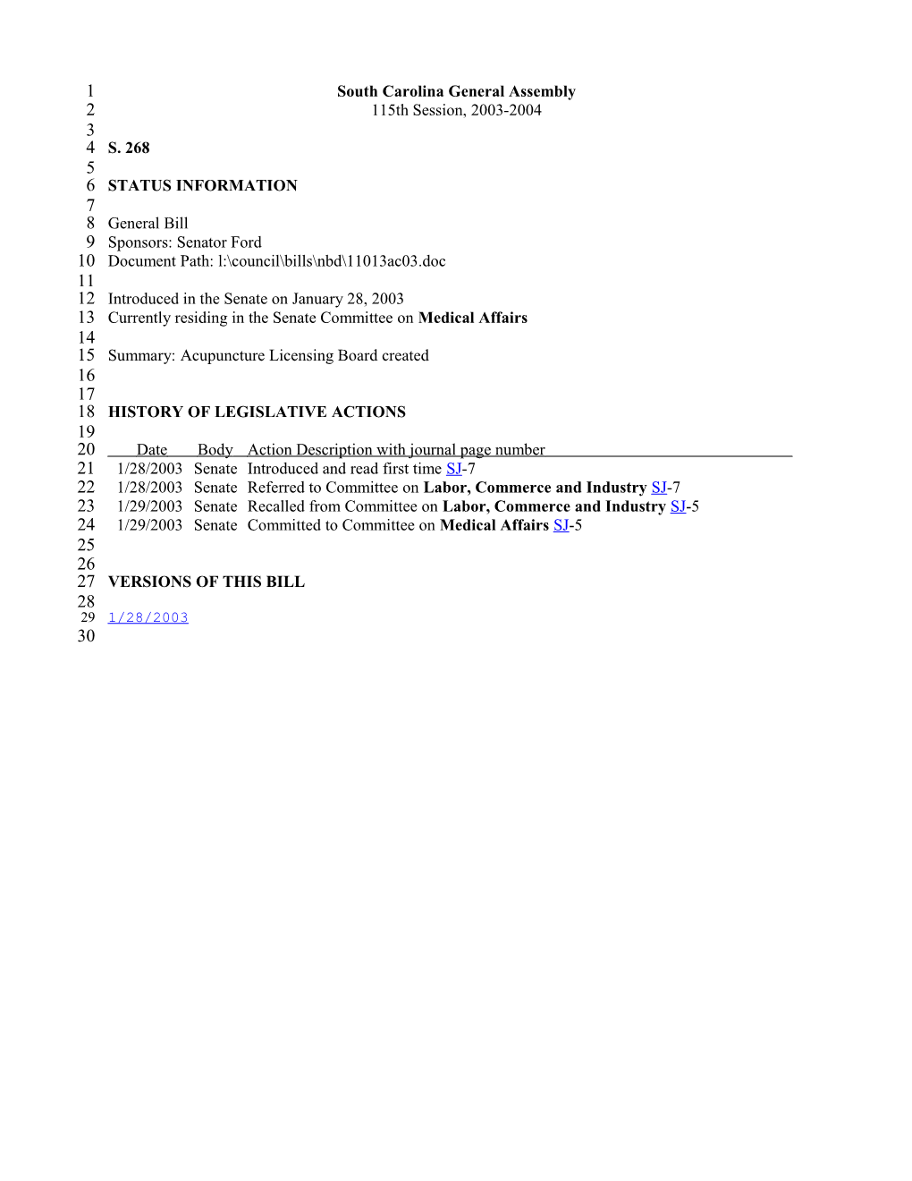 2003-2004 Bill 268: Acupuncture Licensing Board Created - South Carolina Legislature Online