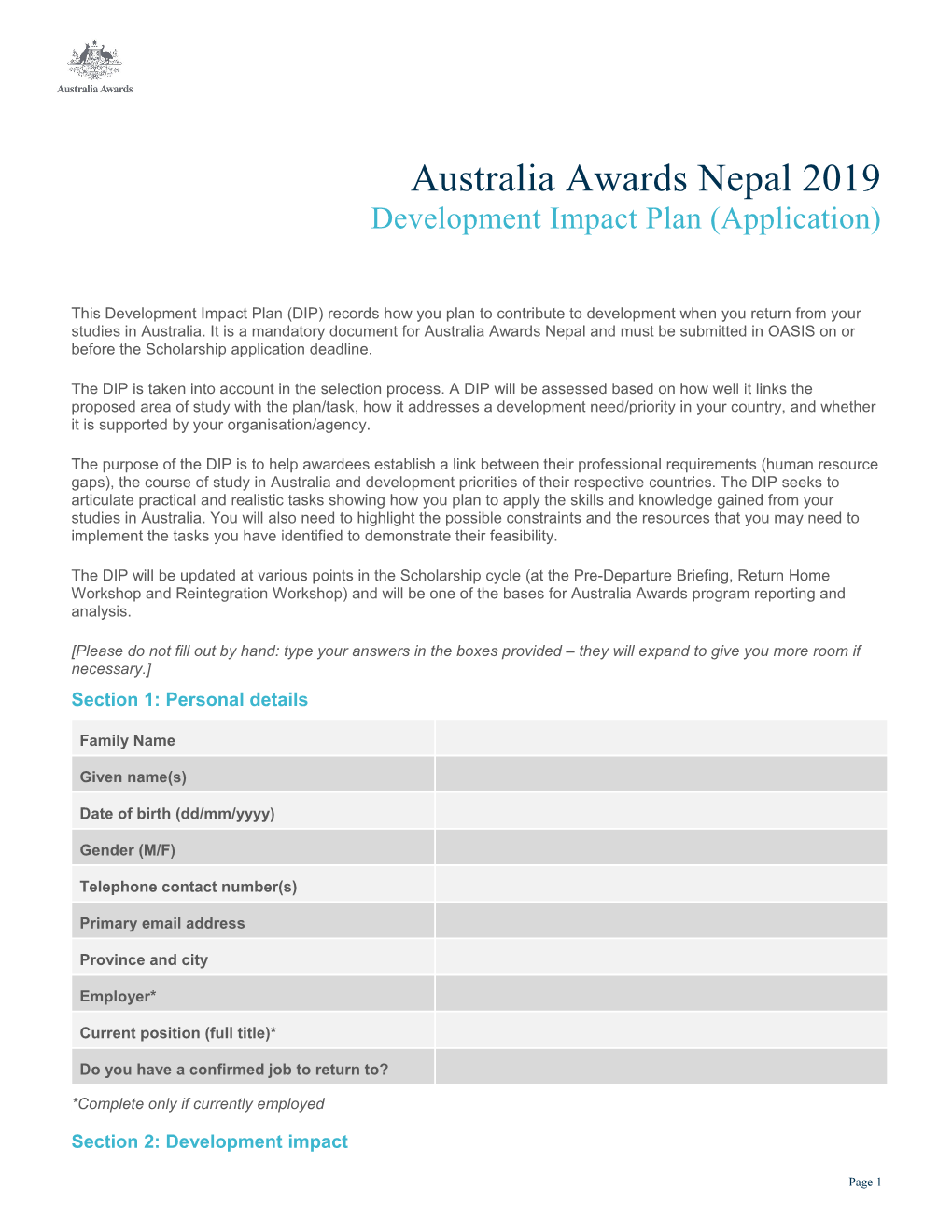 Australia Awardsnepal 2019 Development Impact Plan(Application)