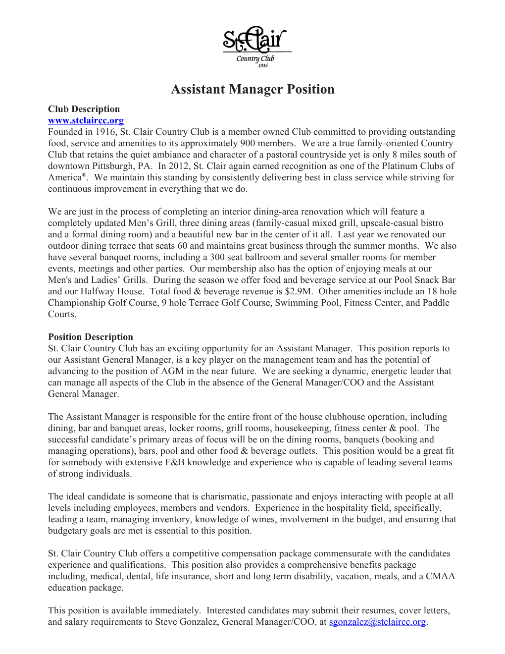 Assistant Manager Position