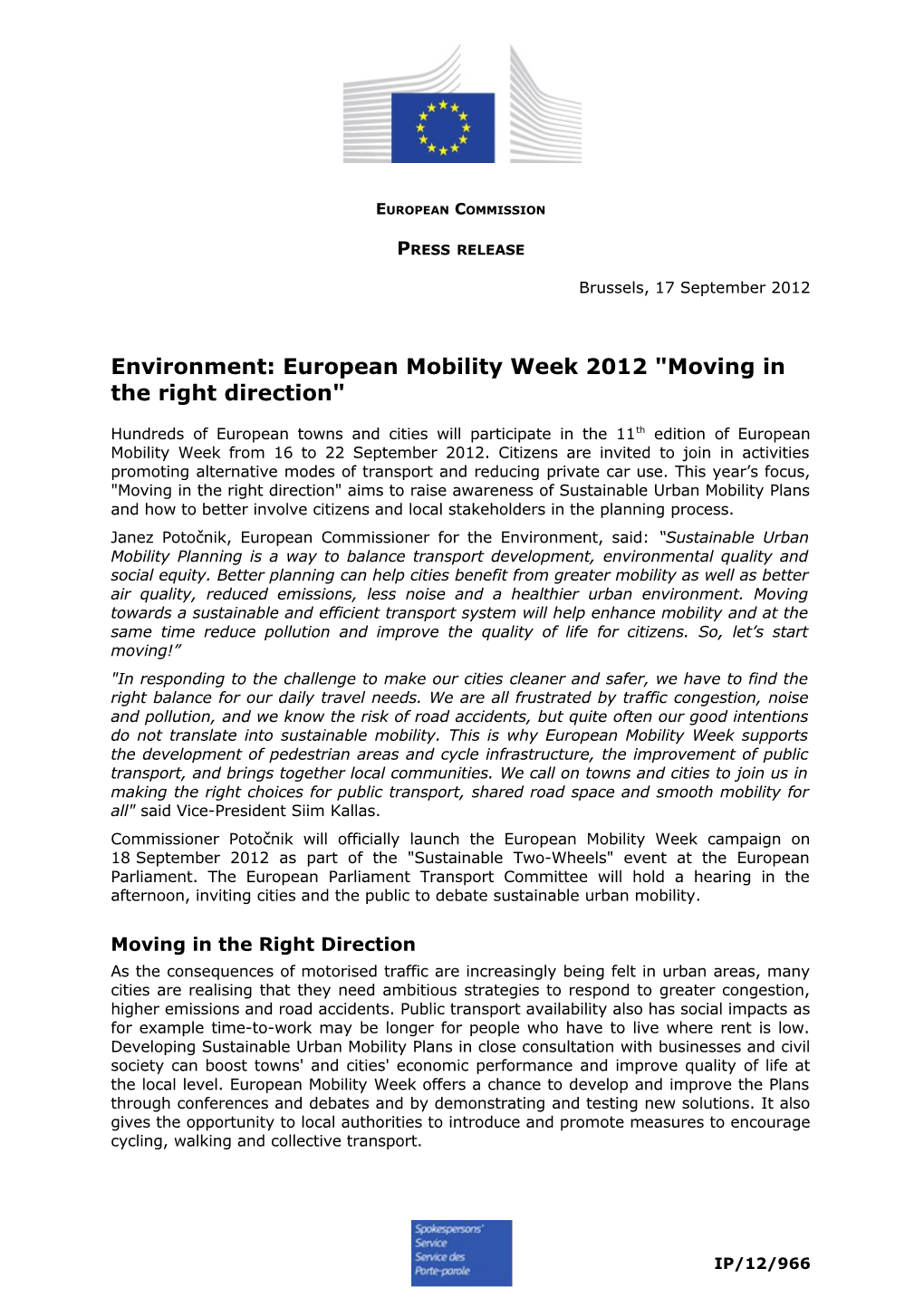 Environment: European Mobility Week 2012 Moving in the Right Direction