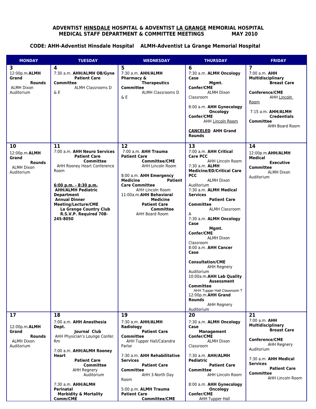 Hinsdale Hospital Medical Staff Meeting Schedule November 2004