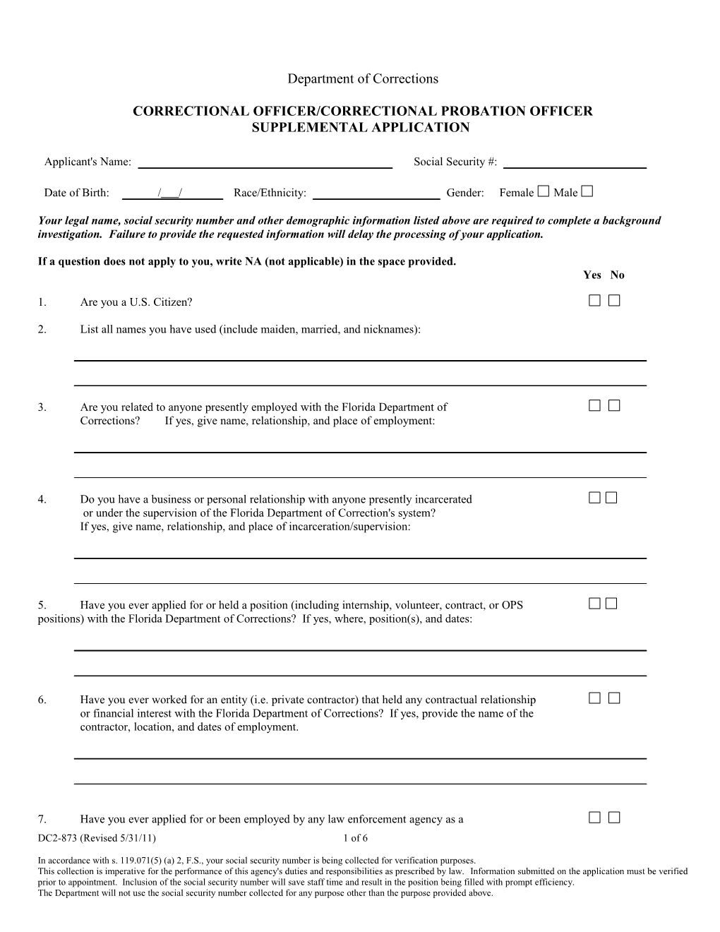 DC2-873 CO/CPO Supplemental Application (Revised 5/31/11)