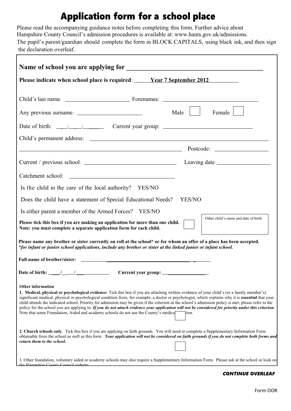 Application Form for Admission to a Hampshire School Outside the Main Admission Round