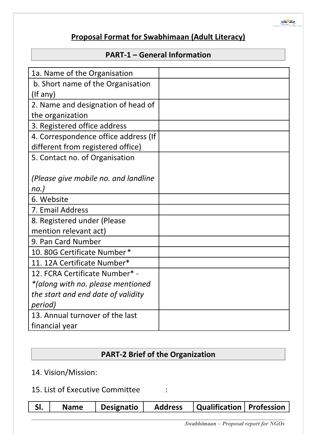 Proposal Format for Swabhimaan (Adult Literacy)