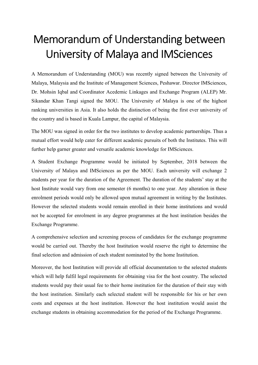 Memorandum of Understanding Between University of Malaya and Imsciences