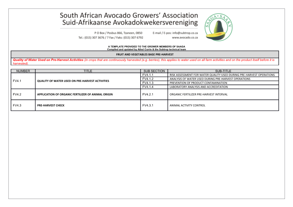 A TEMPLATE PROVIDED to the GROWER MEMBERS of SAAGA Compiled and Updated by Athol Currie