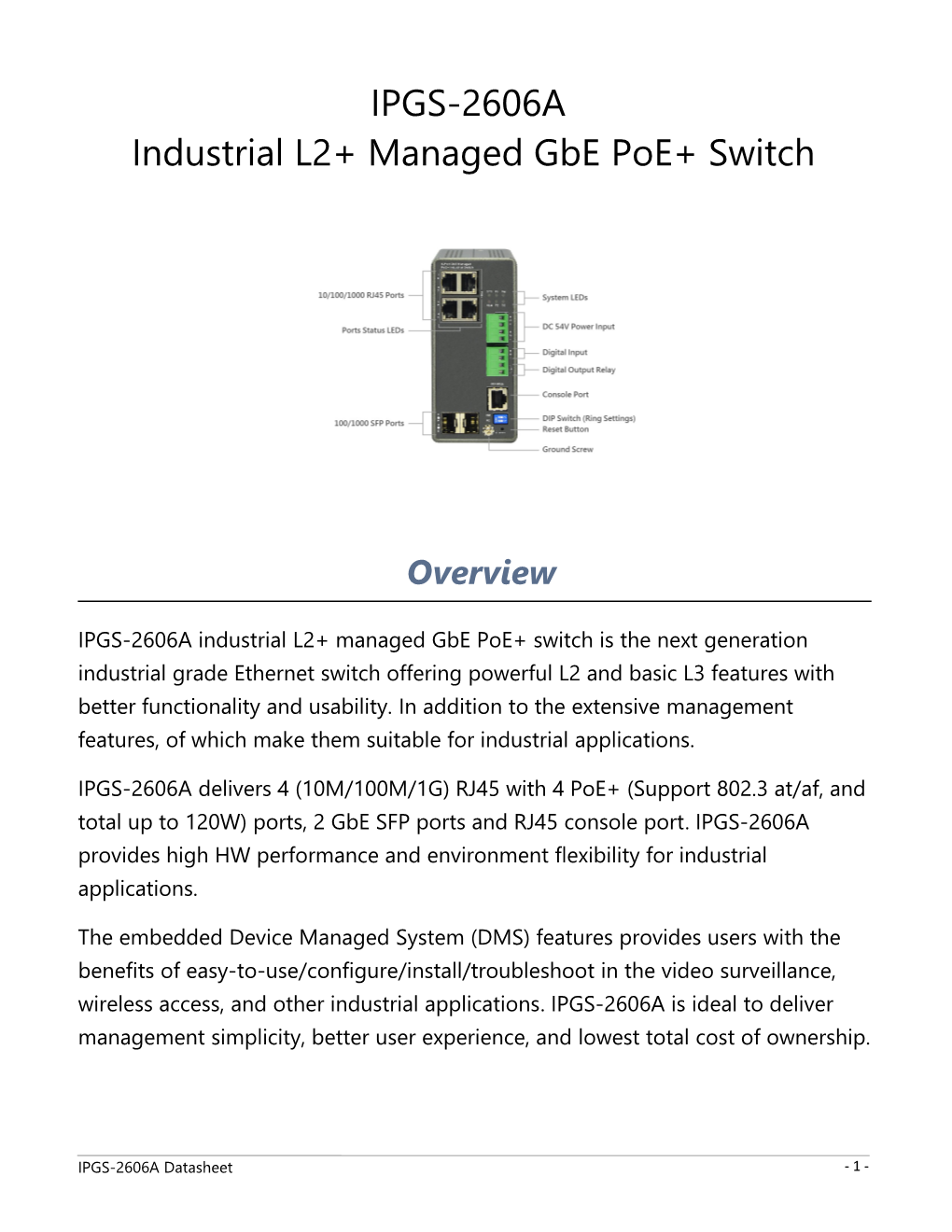 Industrial L2+ Managed Gbe Poe+ Switch