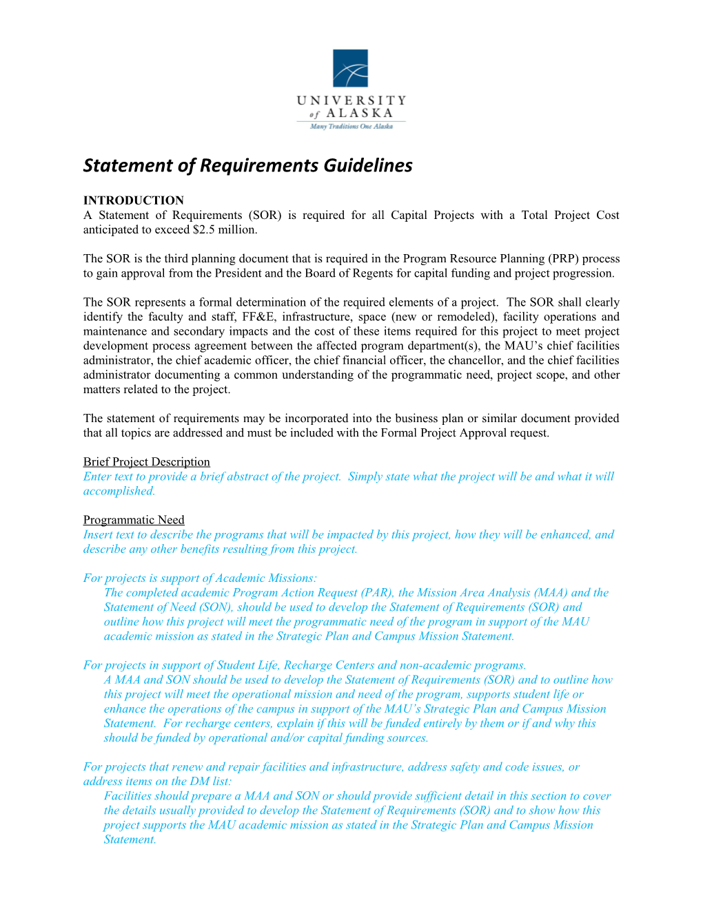 Statement of Requirements Guidelines