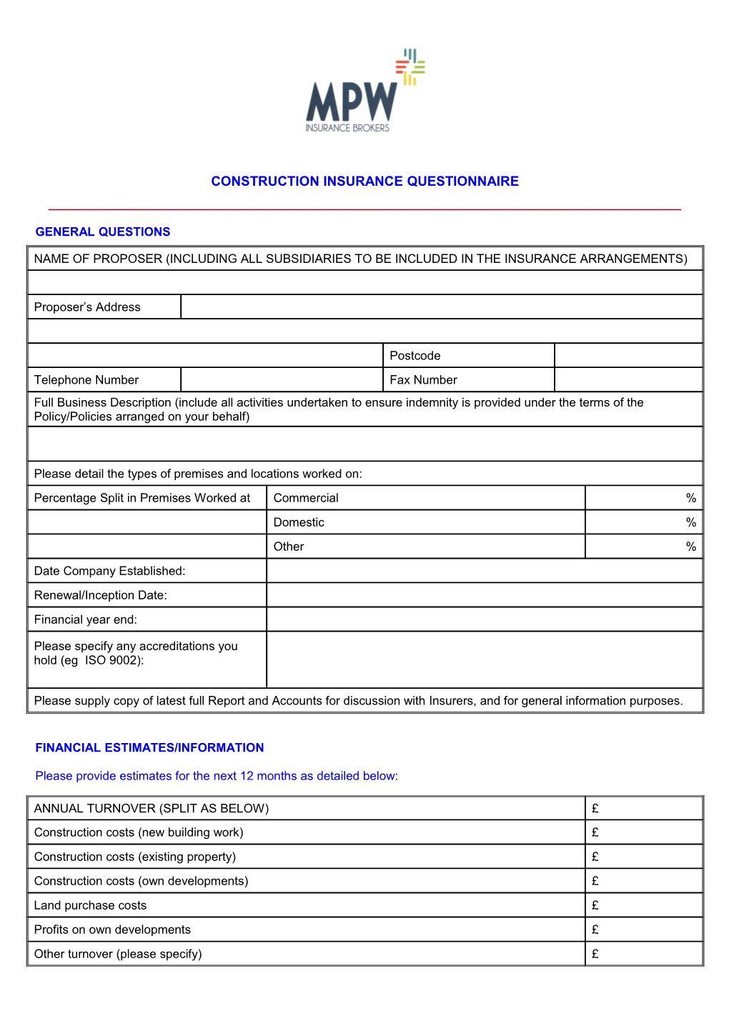 Construction Insurance Questionnaire