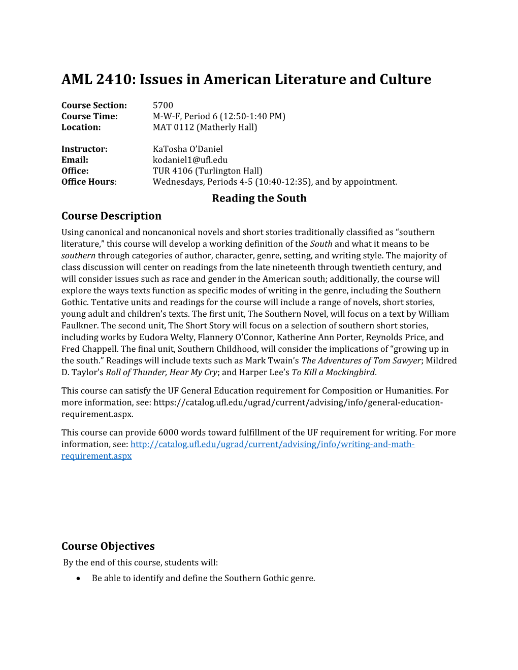 AML 2410: Issues in American Literature and Culture