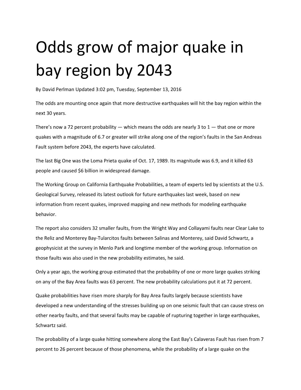 Odds Grow of Major Quake in Bay Region by 2043