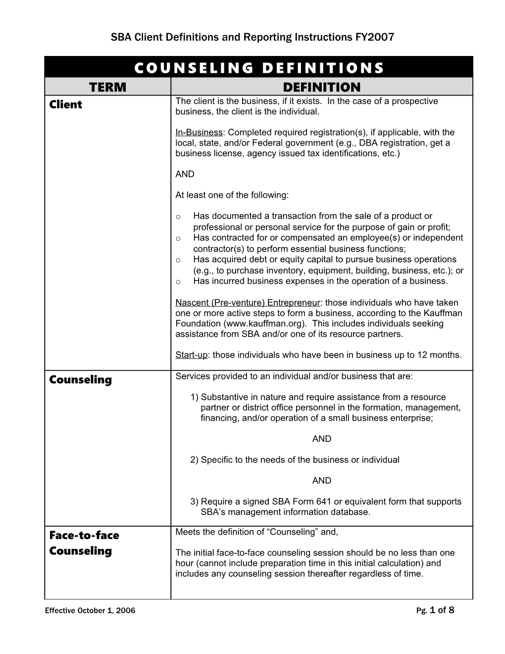 SBA Client Definitions and Reporting Instructions FY2007