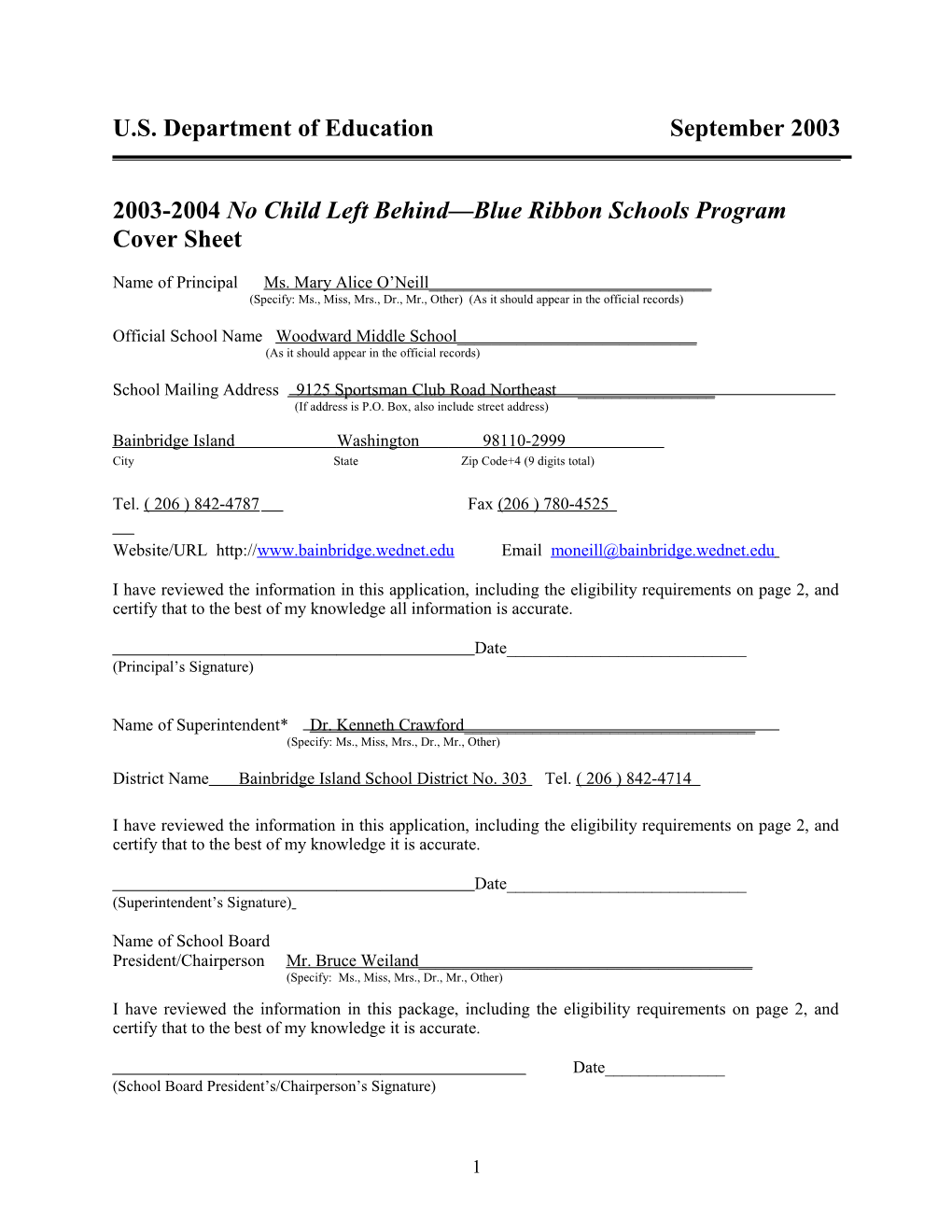 Woodward Middle School 2004 No Child Left Behind-Blue Ribbon School Application (Msword)