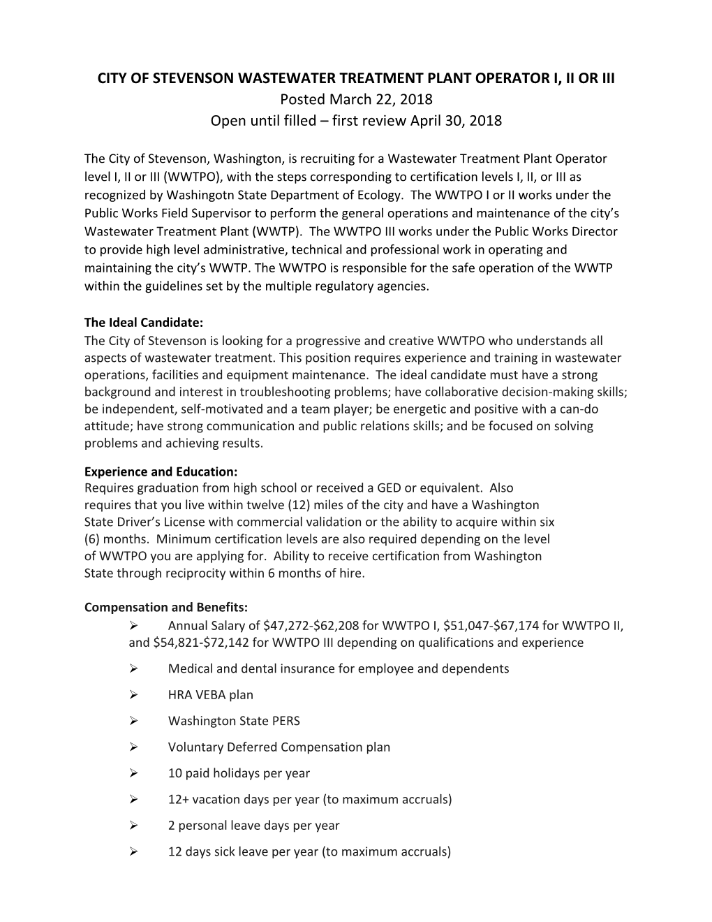 City of Stevenson Wastewater Treatment Plant Operator I, Ii Or Iii