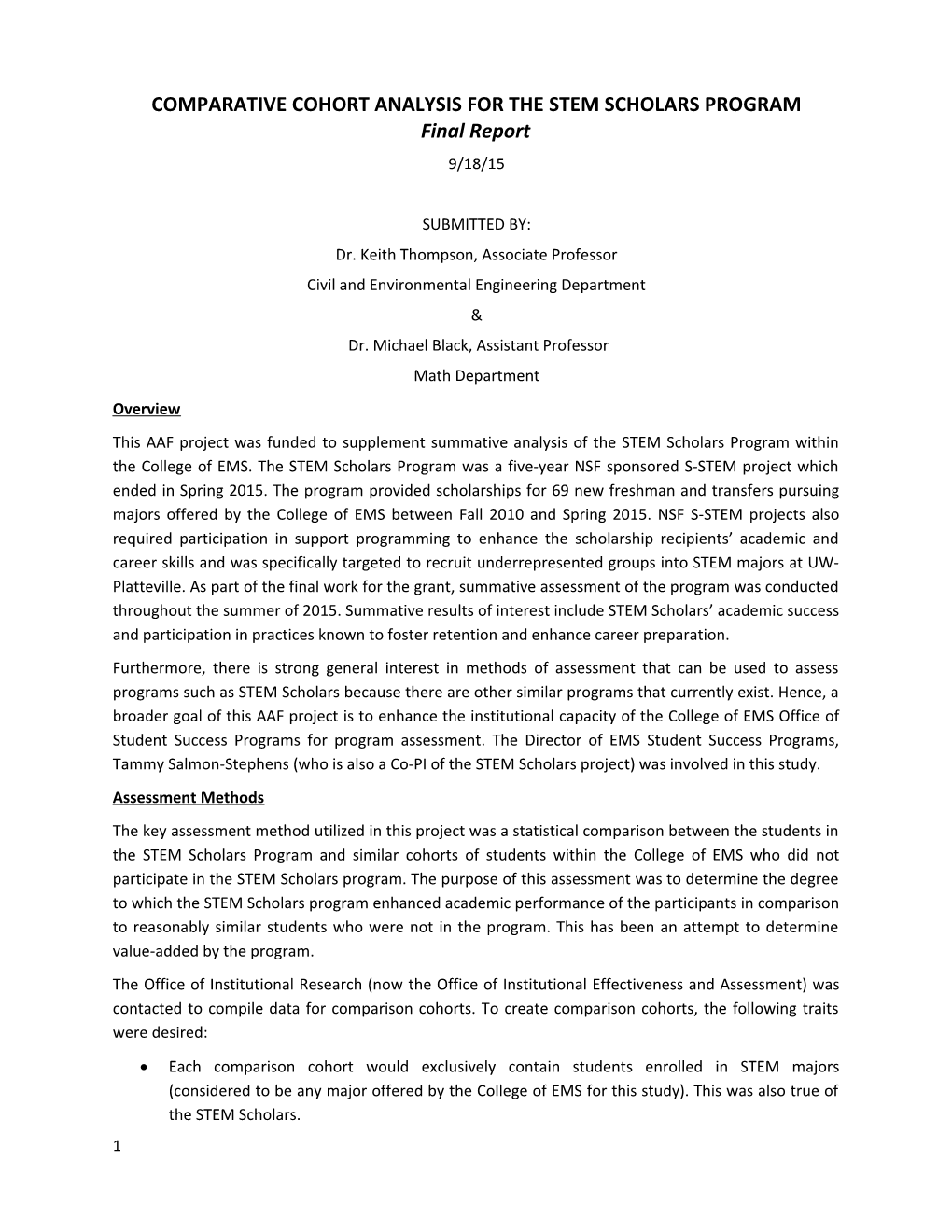 Comparative Cohort Analysis for the Stem Scholars Program