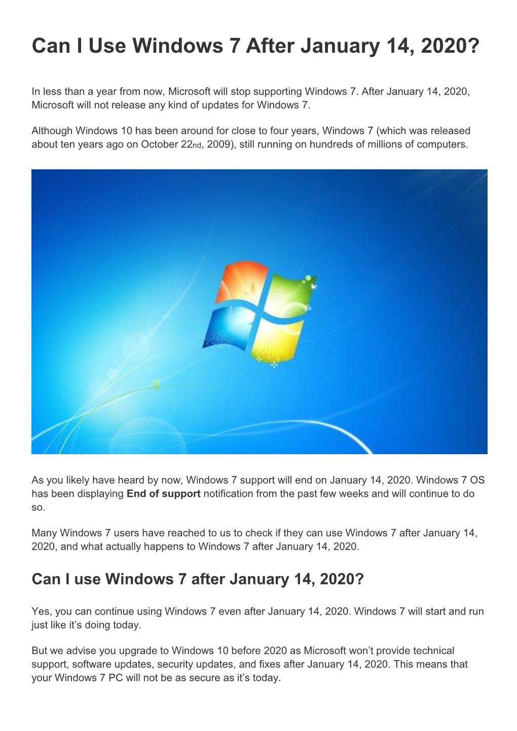 Use Windows 7 After January 14, 2020