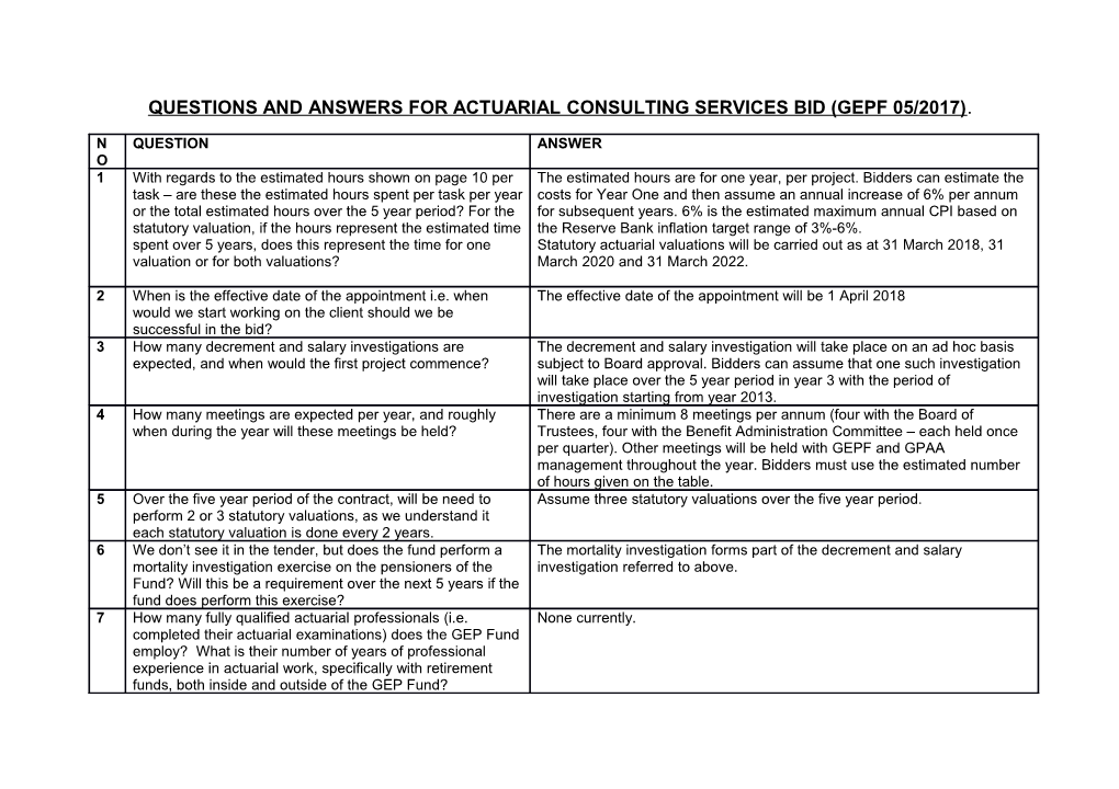 Questions and Answers for Actuarial Consulting Services Bid (Gepf 05/2017)