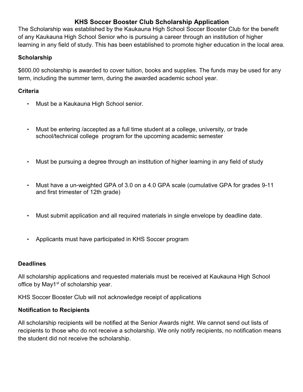 KHS Soccer Booster Club Scholarship Application