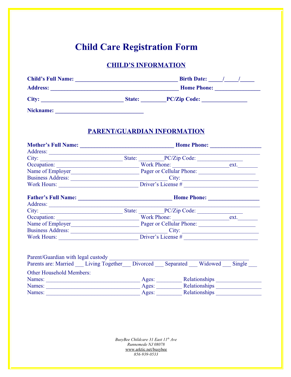 Child Care Registration Form