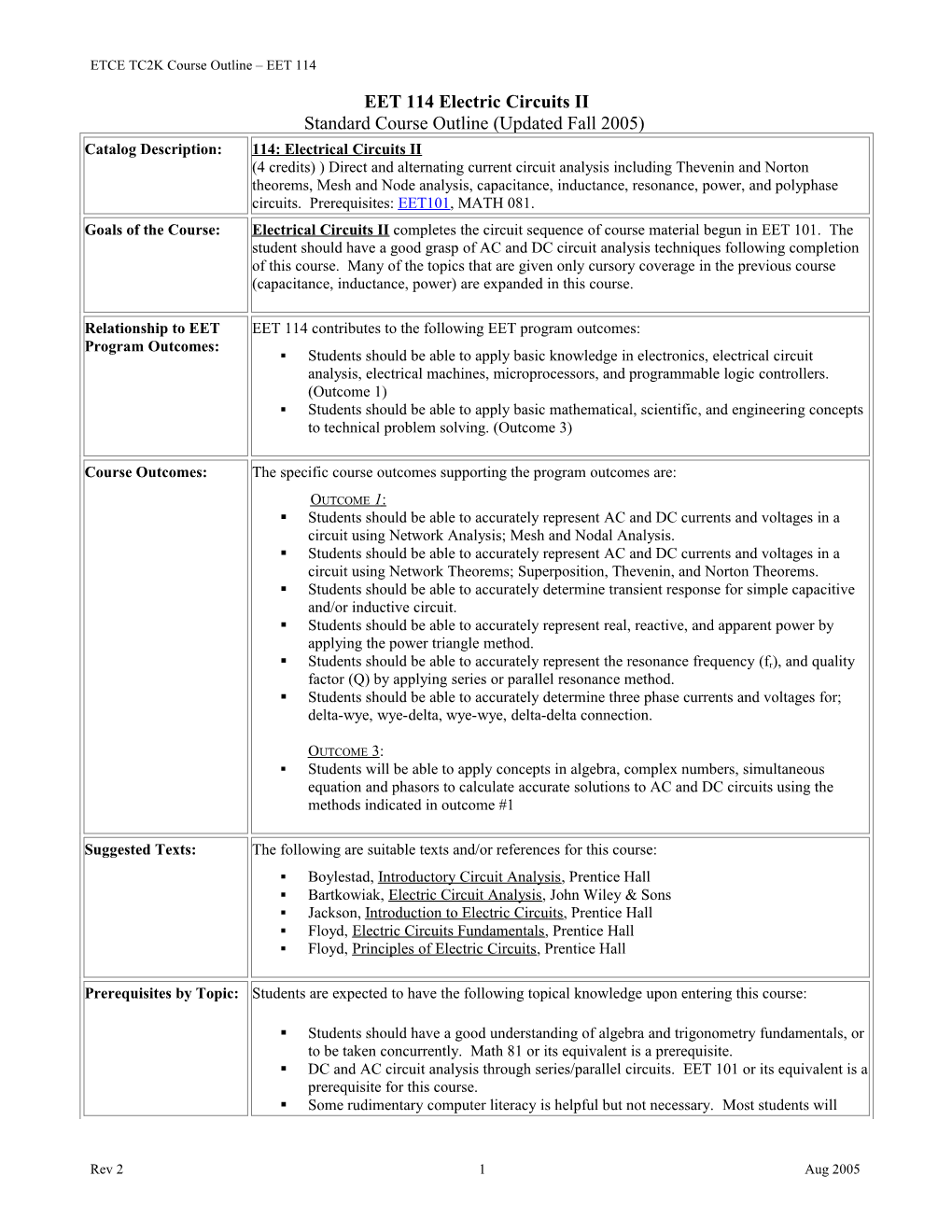 Standard Course Outline - EMET 320 - Analog Electronics