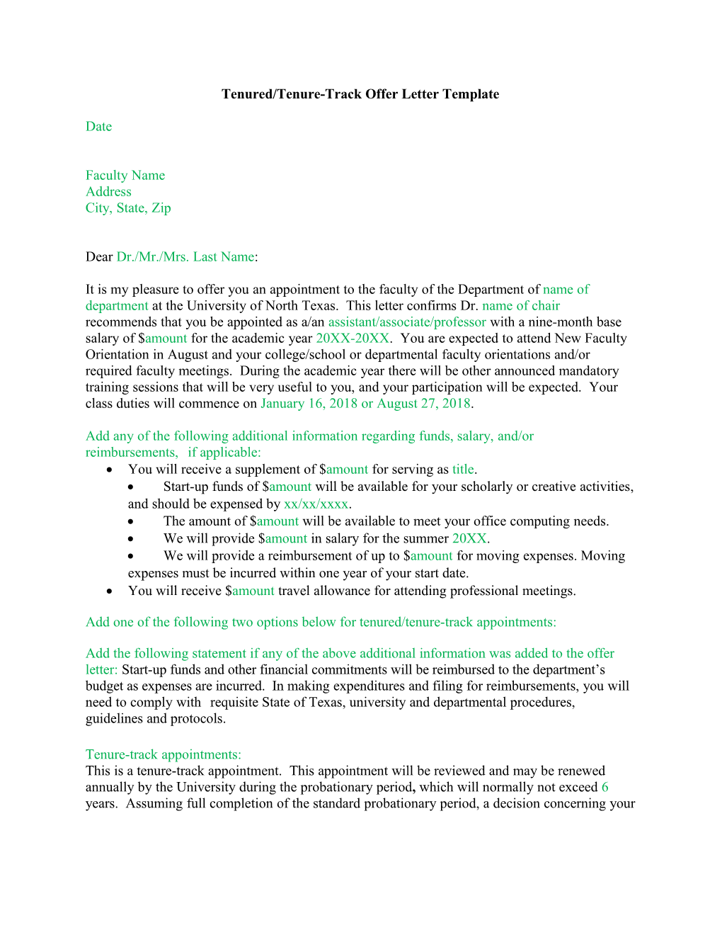 Tenured/Tenure-Trackoffer Letter Template