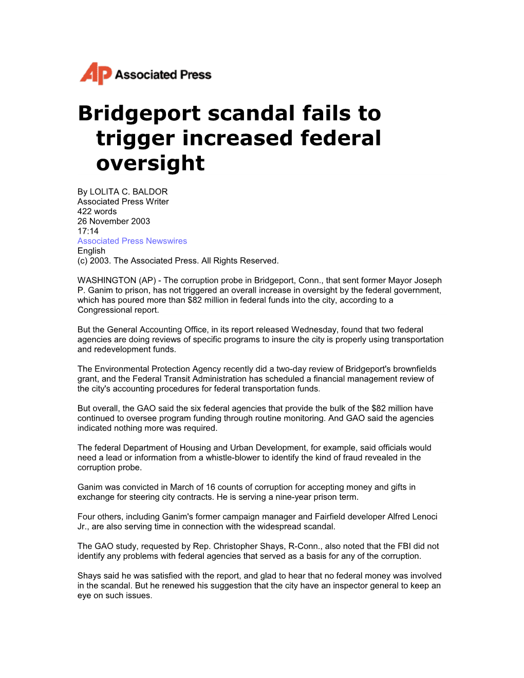 Bridgeport Scandal Fails to Trigger Increased Federal Oversight