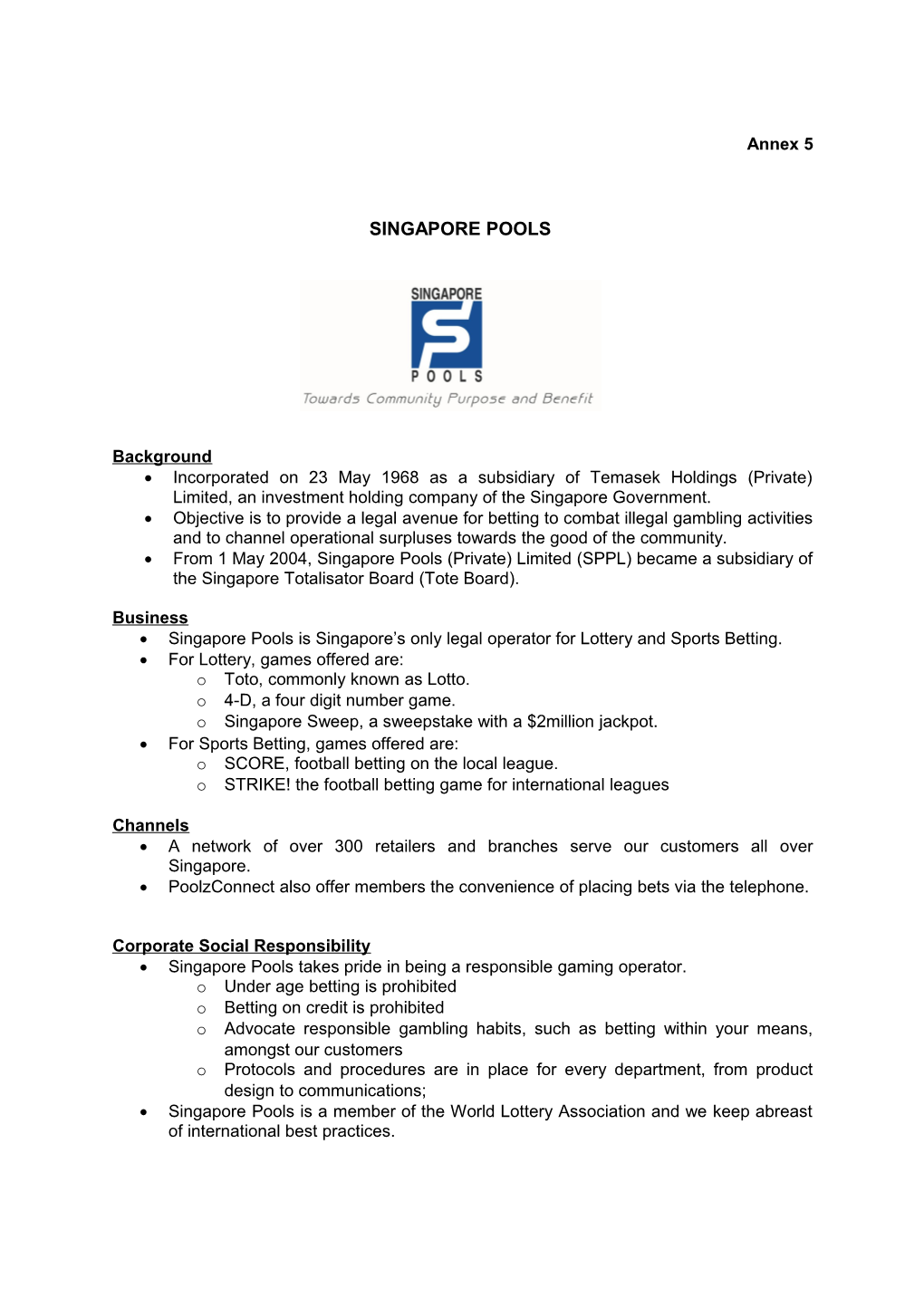 Singapore Pools Fact Sheet