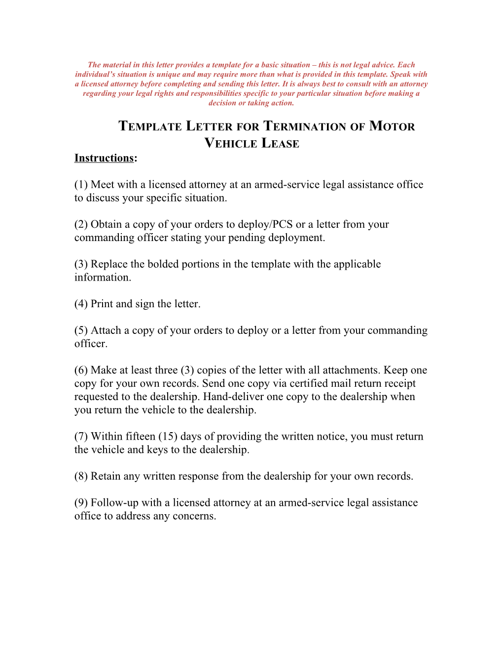 Template Letter for Termination of Motor Vehicle Lease