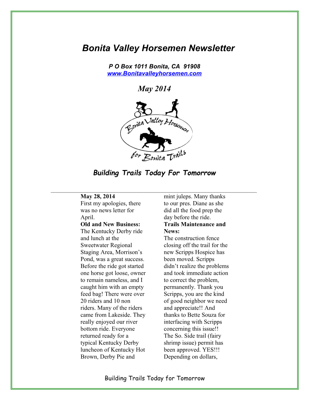 Bonita Valley Horsemen Newsletter