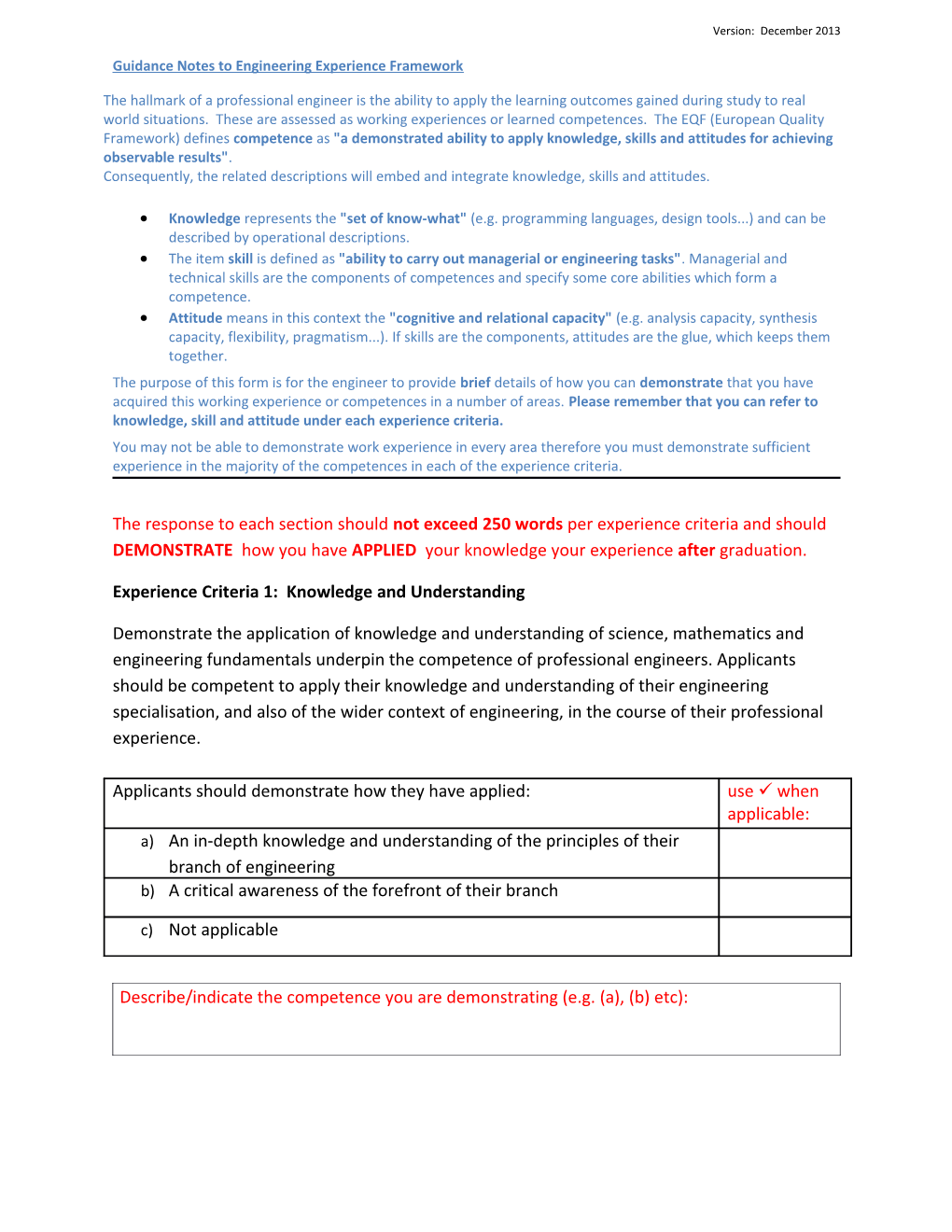 Guidance Notes to Engineering Experience Framework