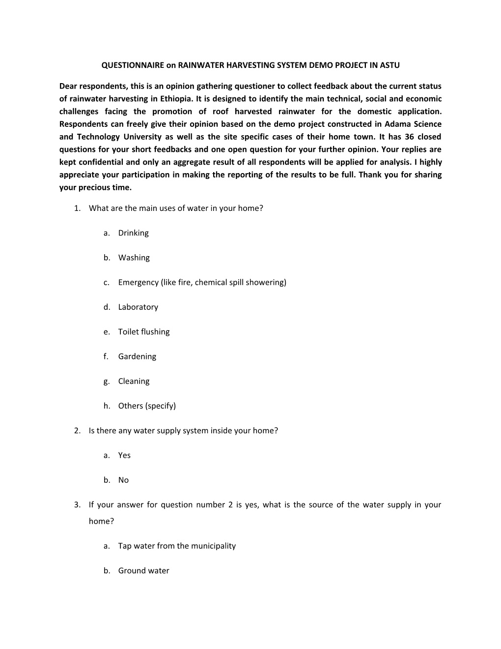 QUESTIONNAIRE on RAINWATER HARVESTING SYSTEM DEMO PROJECT in ASTU