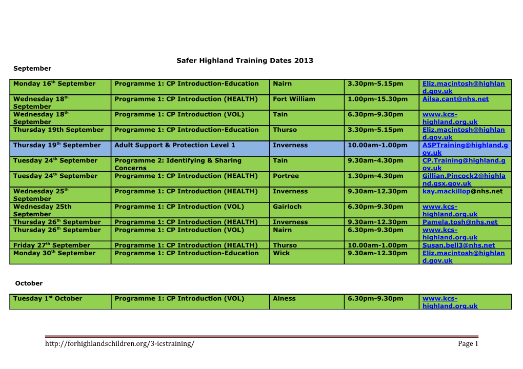 Safer Highland Training Dates 2013