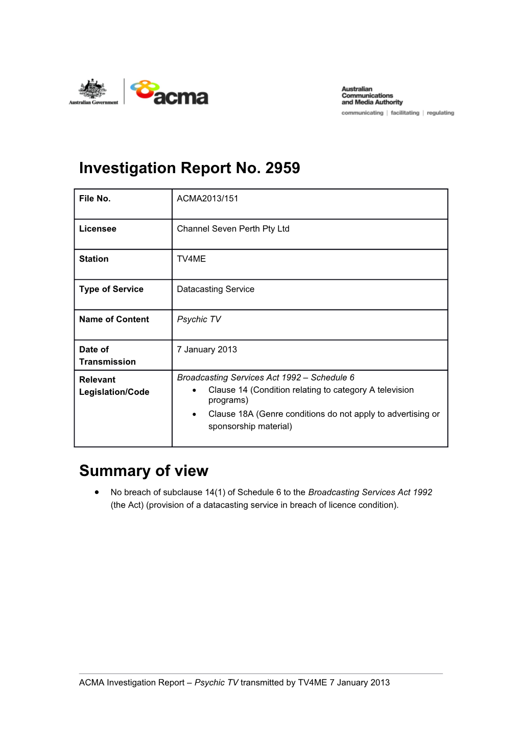 TV4MR - ACMA Investigation Report 2959