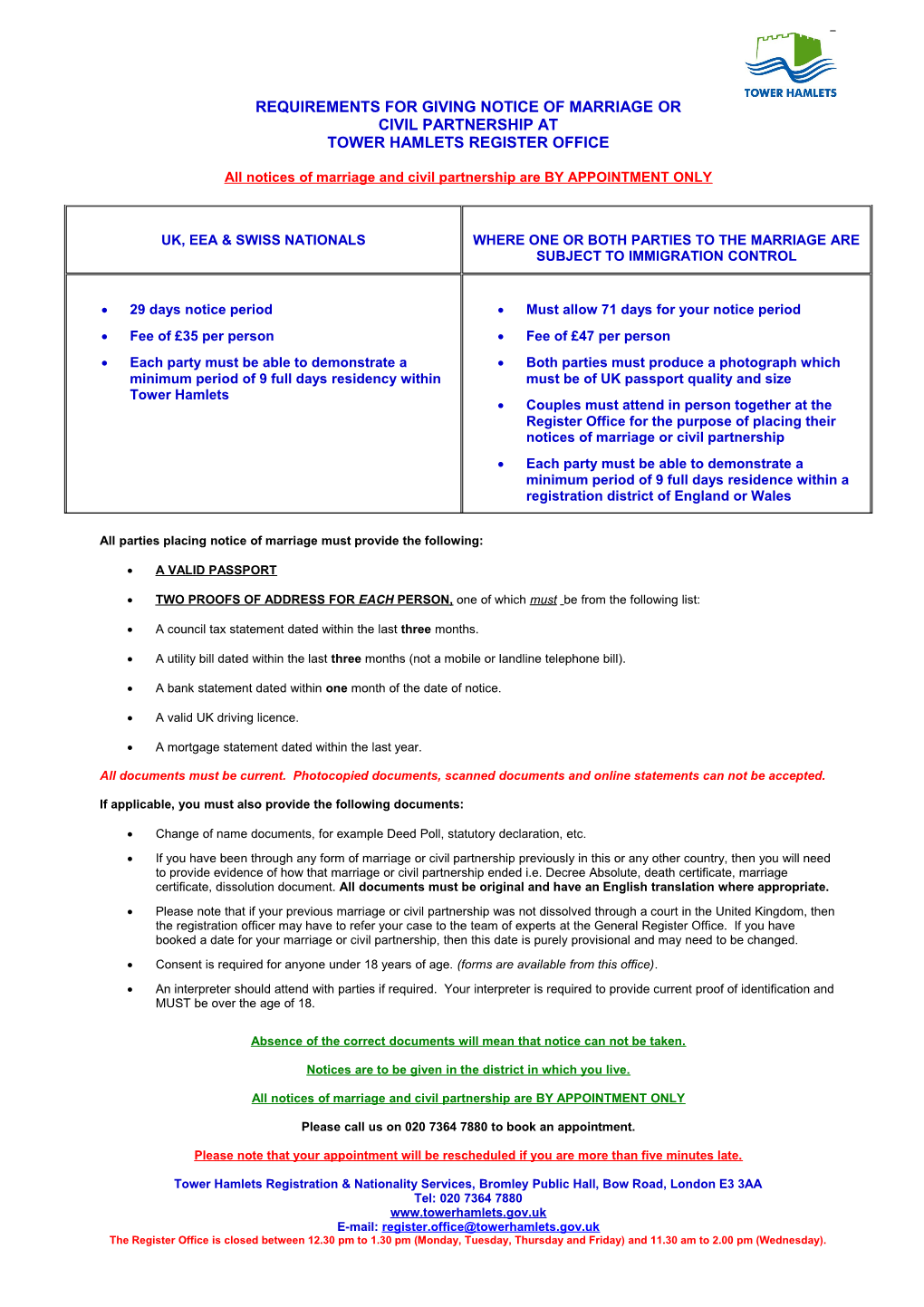 Requirements for Giving a Notice of Marriage Or Civil Partnership