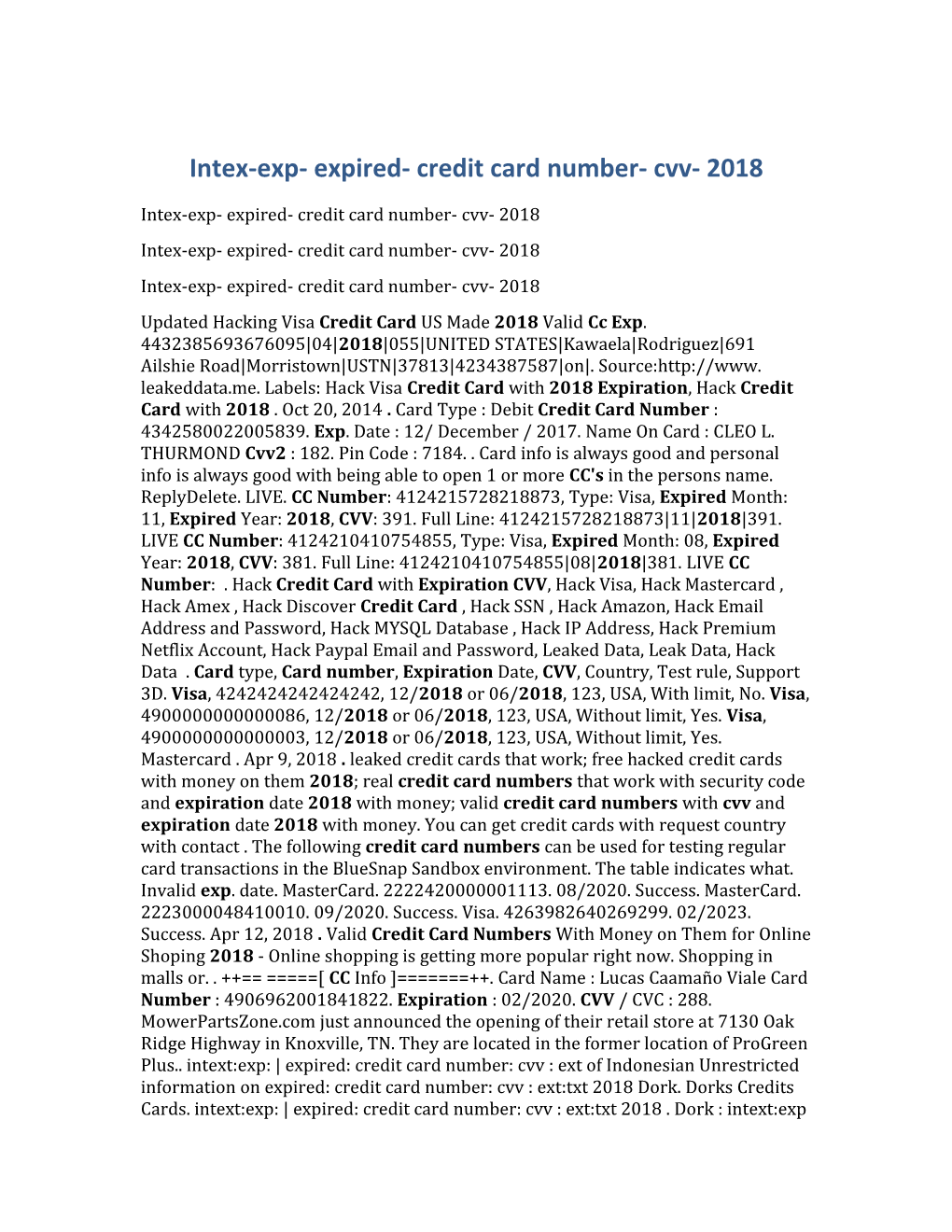 Intex-Exp- Expired- Credit Card Number- Cvv- 2018
