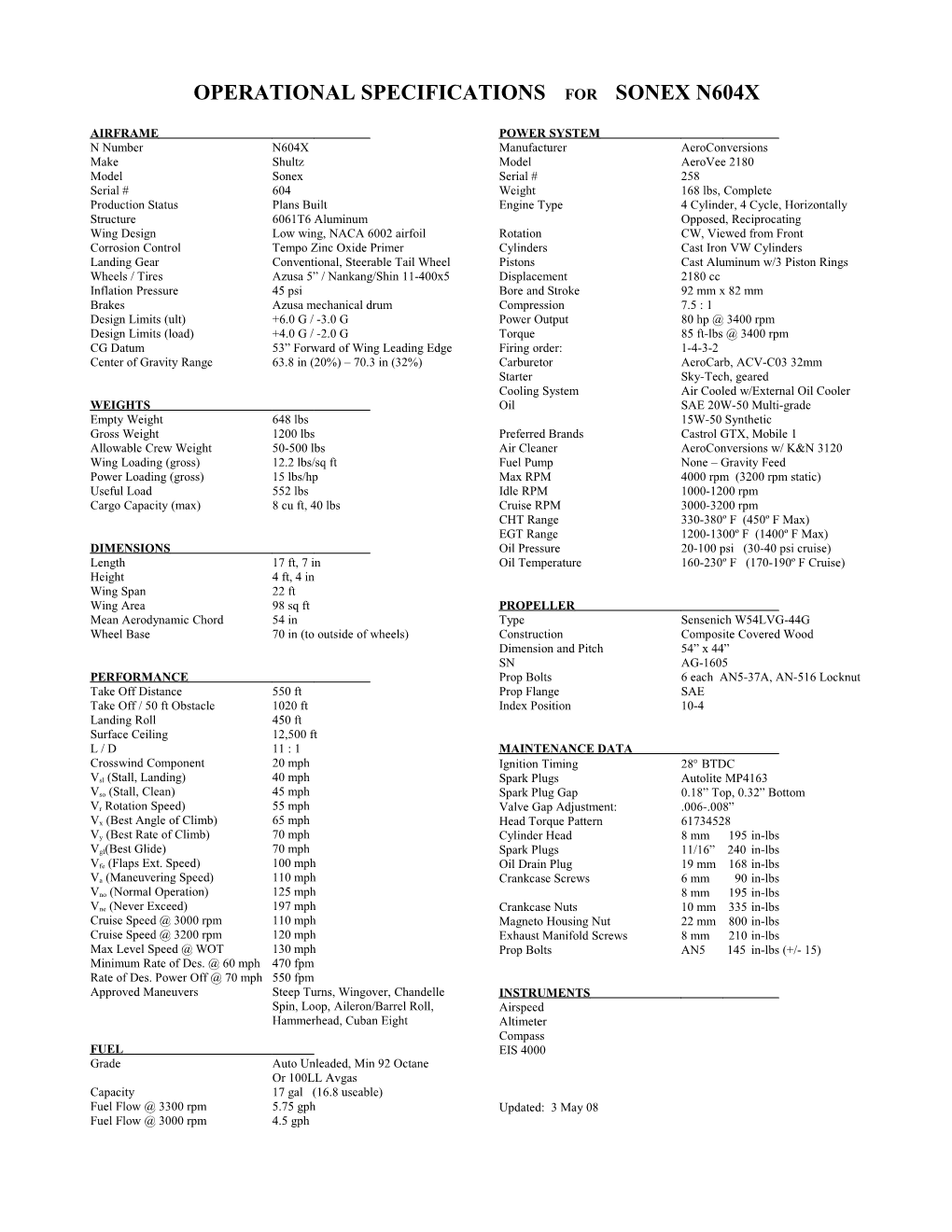 Operational Specifications for Sonex N604x