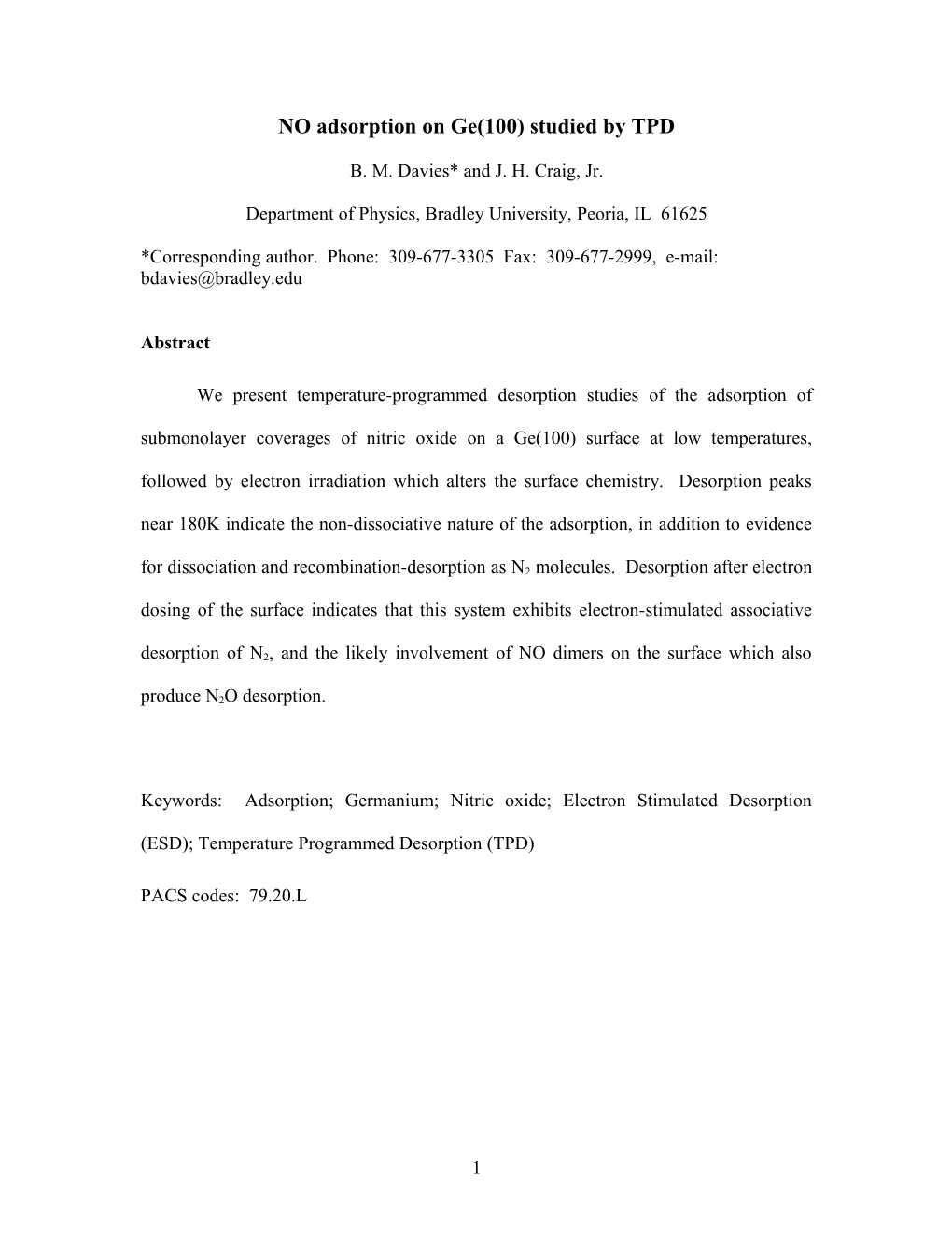 NO Adsorption on Ge(100) Studied by TPD