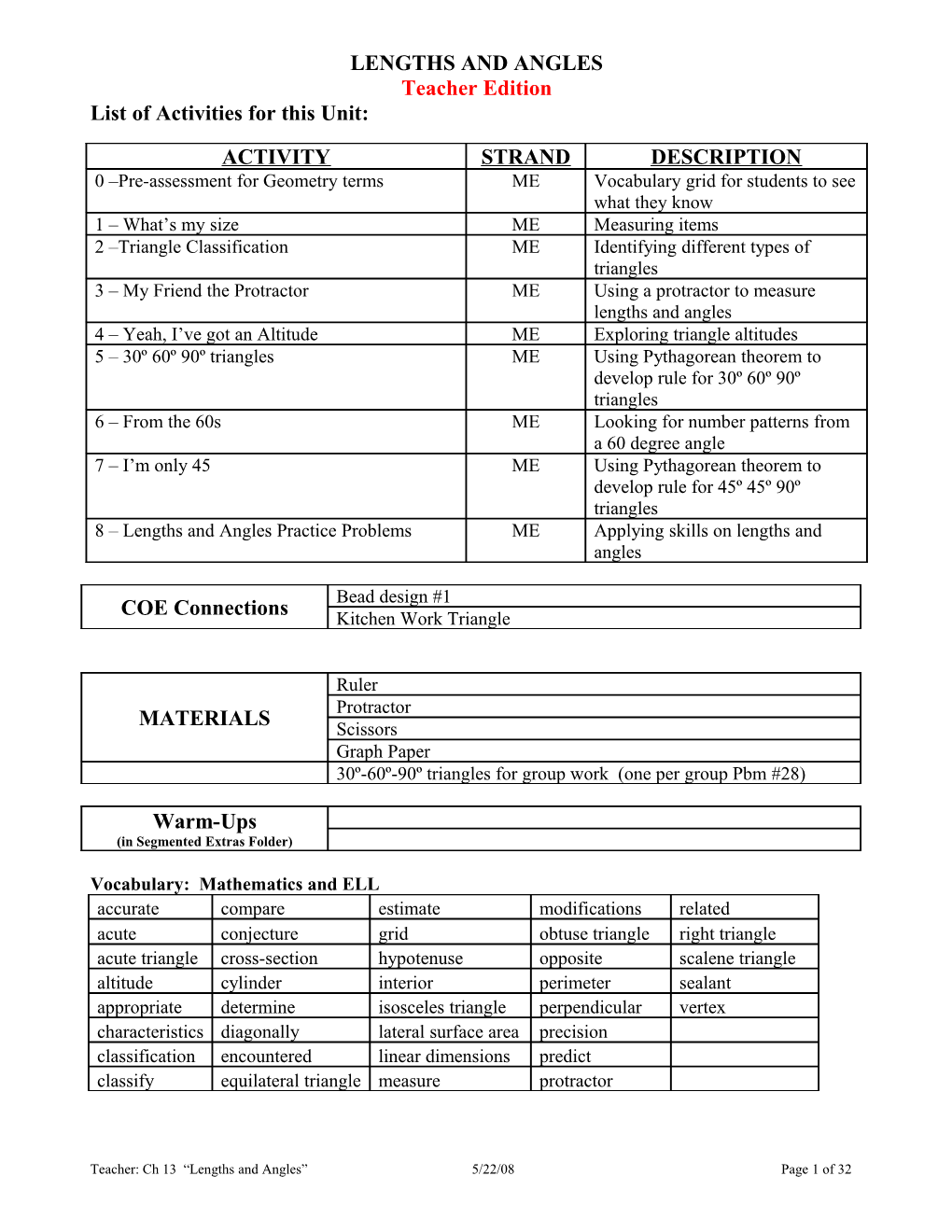 Pre-Assessment Geometry Vocabulary