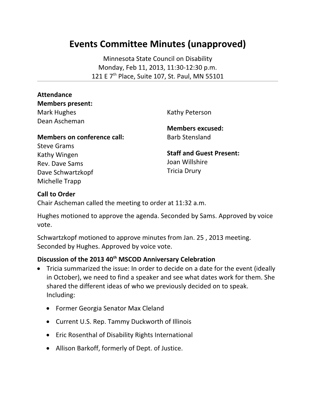 Events Committee Minutes, 2-11-13 (Unapproved)