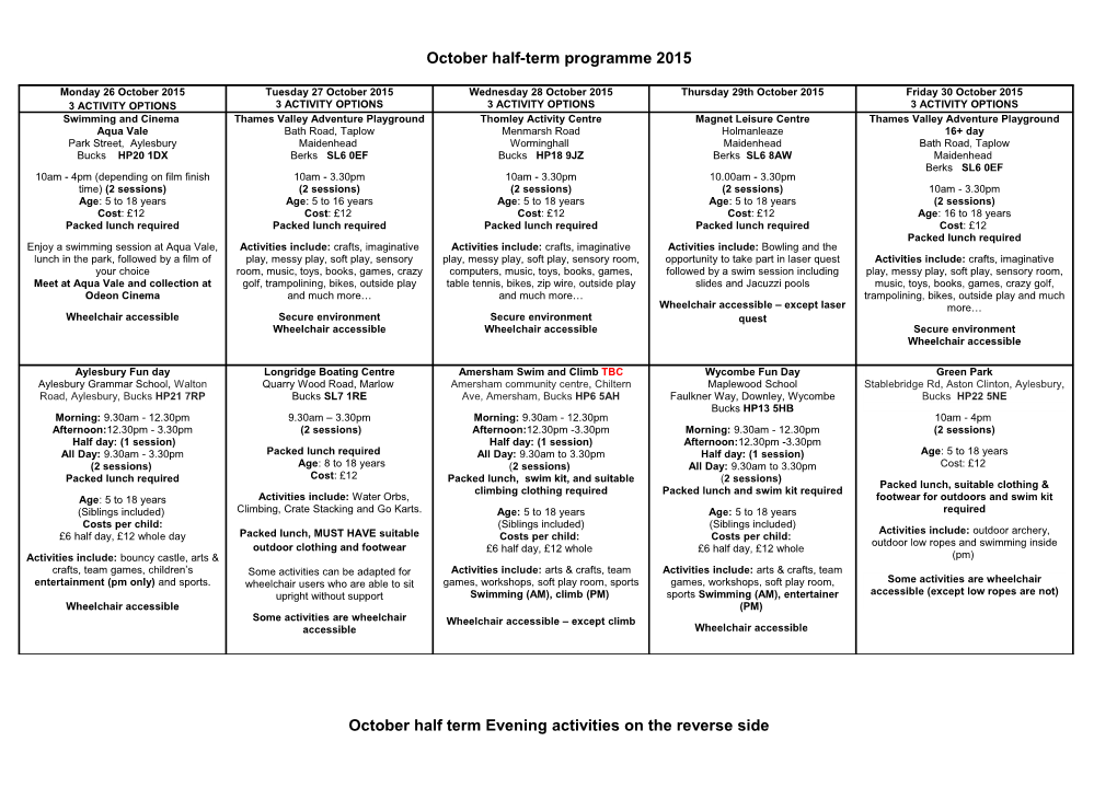 October Half Term Timetable