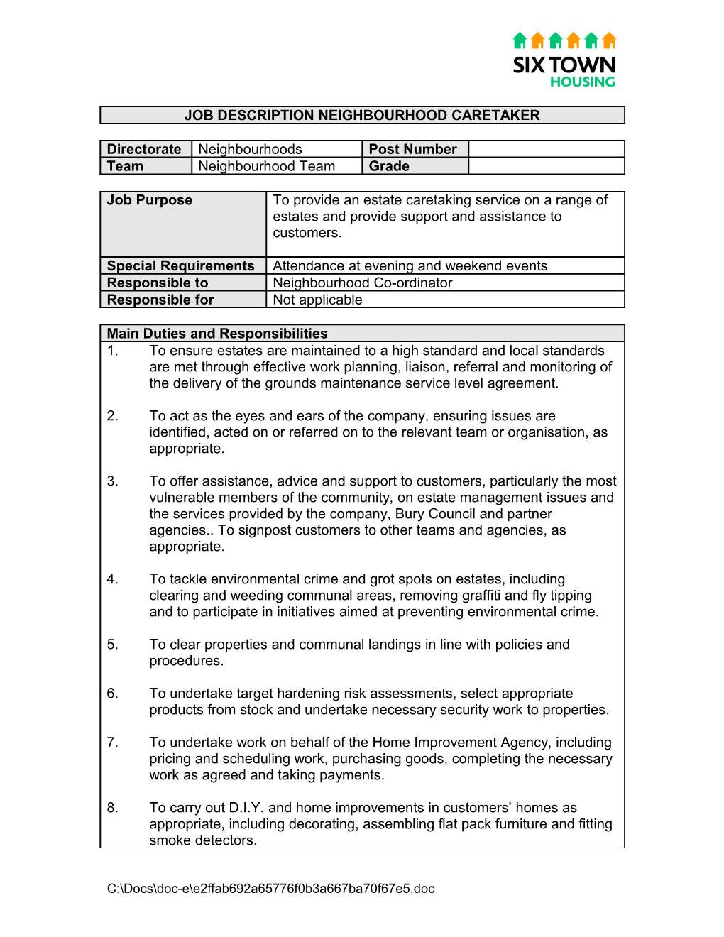 Q: HR Job Evaluation JE 2013 Job Descriptions Neighbourhoods Neighbourhood Caretaker 010513