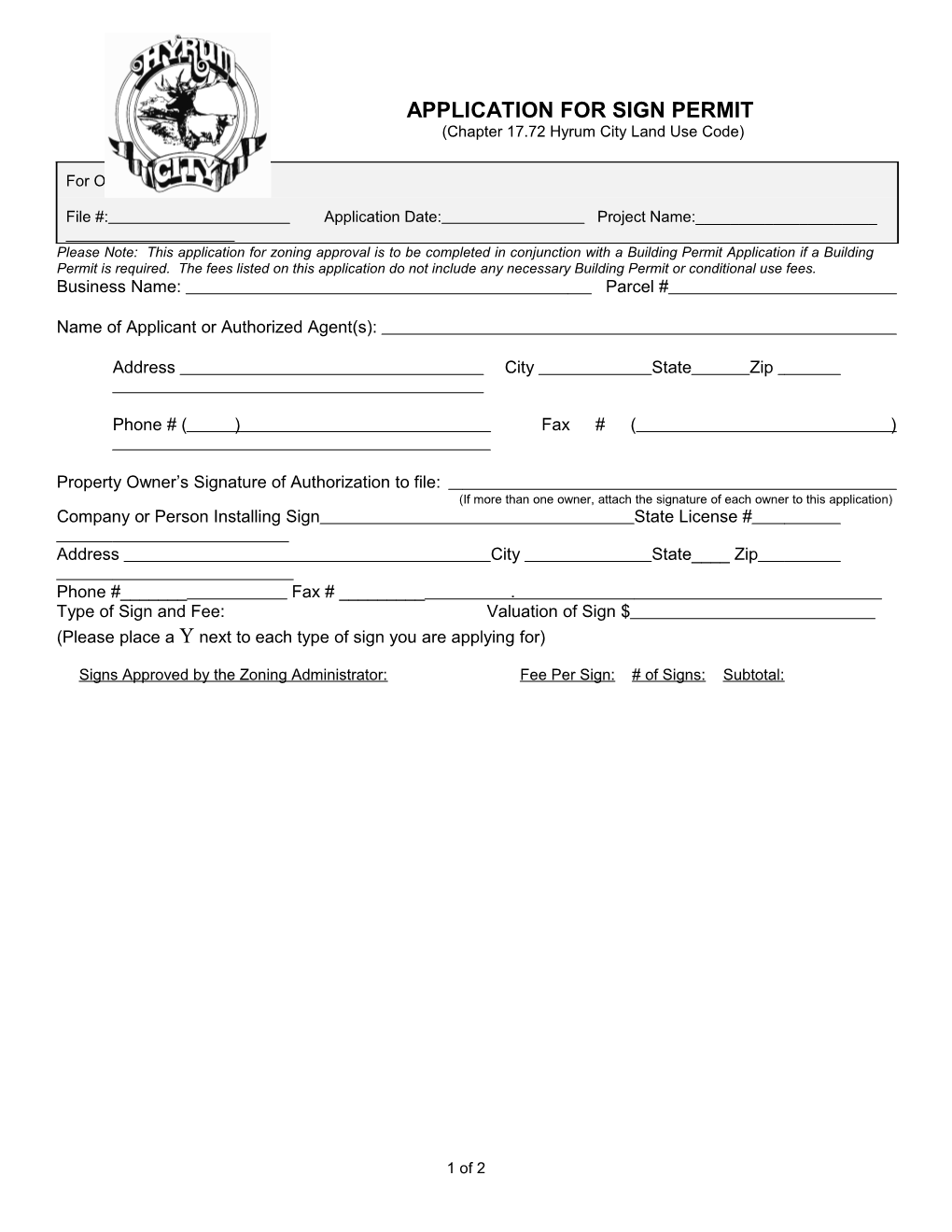 Application for Sign Permit08/28/02