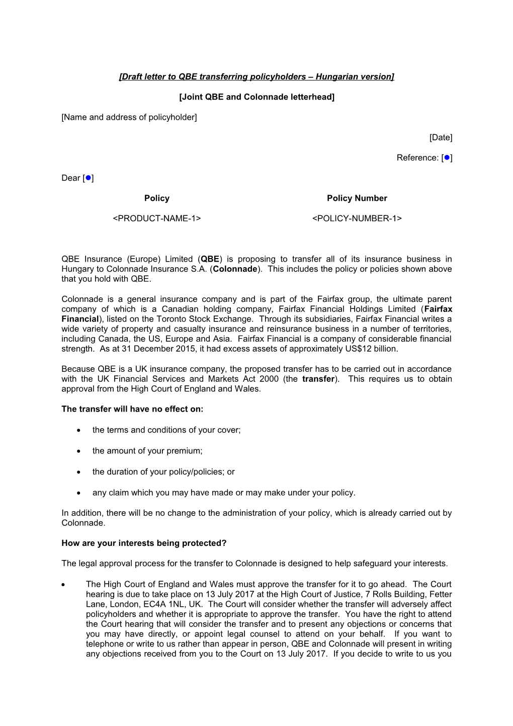 Draft Letter to QBE Transferring Policyholders Hungarian Version