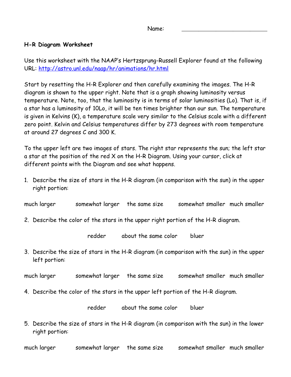 H-R Diagram Worksheet