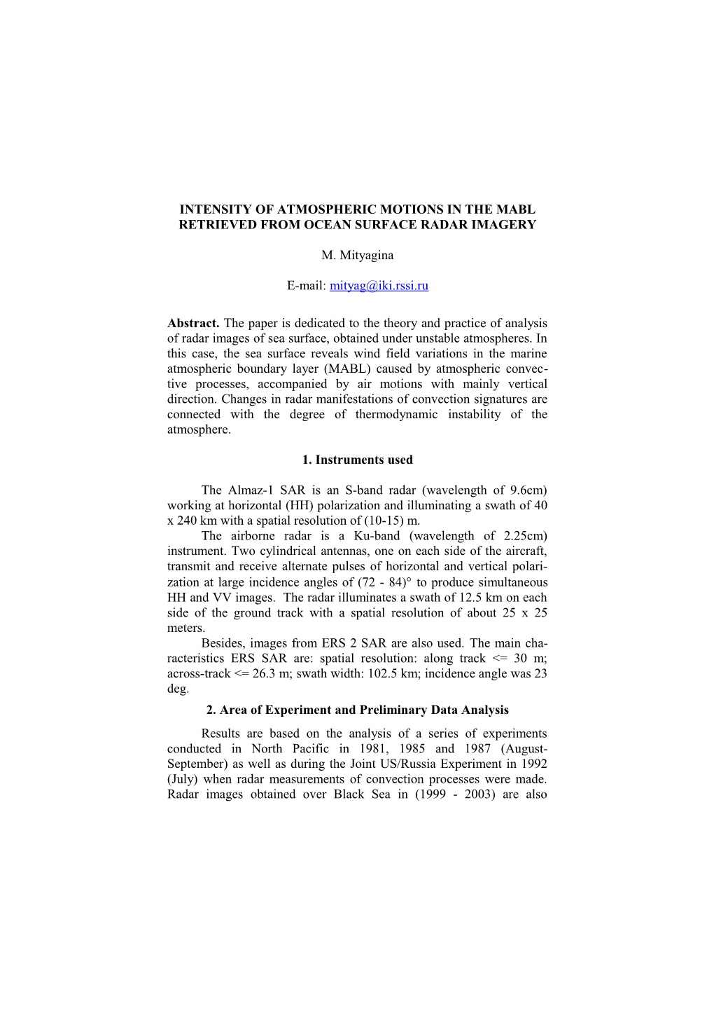 Intensity of Atmospheric Motions in the Mabl Retrieved from Ocean Surface Radar Imagery