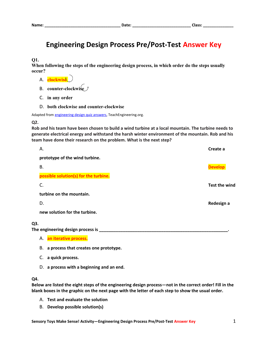 Engineering Design Process Pre/Post-Testanswer Key