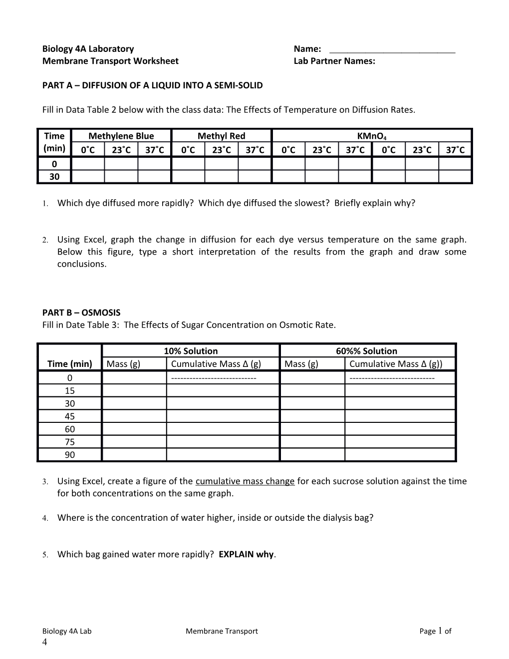 Membrane Transport Worksheetlab Partner Names